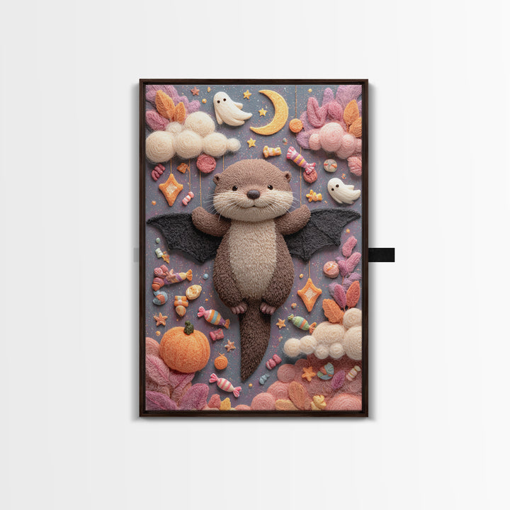 The Bat-Winged Otter, Pastel Halloween Art, Vertical Wall Art, Canvas Print, Cute Halloween Wall Art