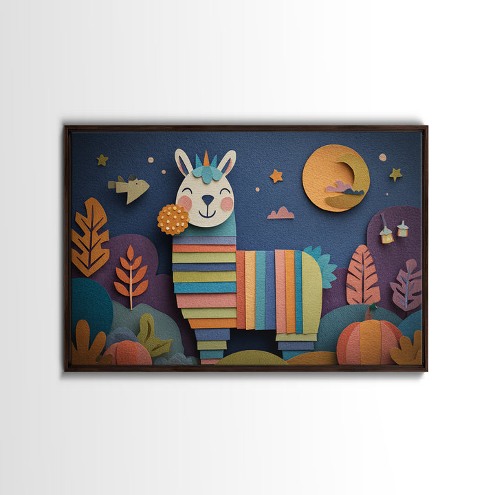 The Llama Mummy, Paper Collage Halloween, Landscape Wall Art, Framed Canvas Print, Cute Halloween Wall Art