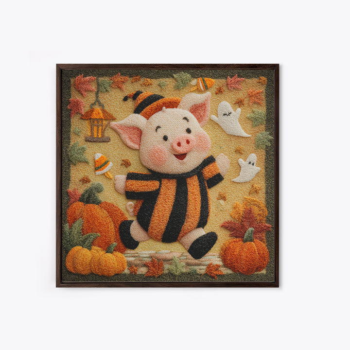 The Candy Corn Piglet, Felt Halloween Art, Square Wall Art, Canvas Print, Cute Halloween Wall Art, Halloween Kids Decor