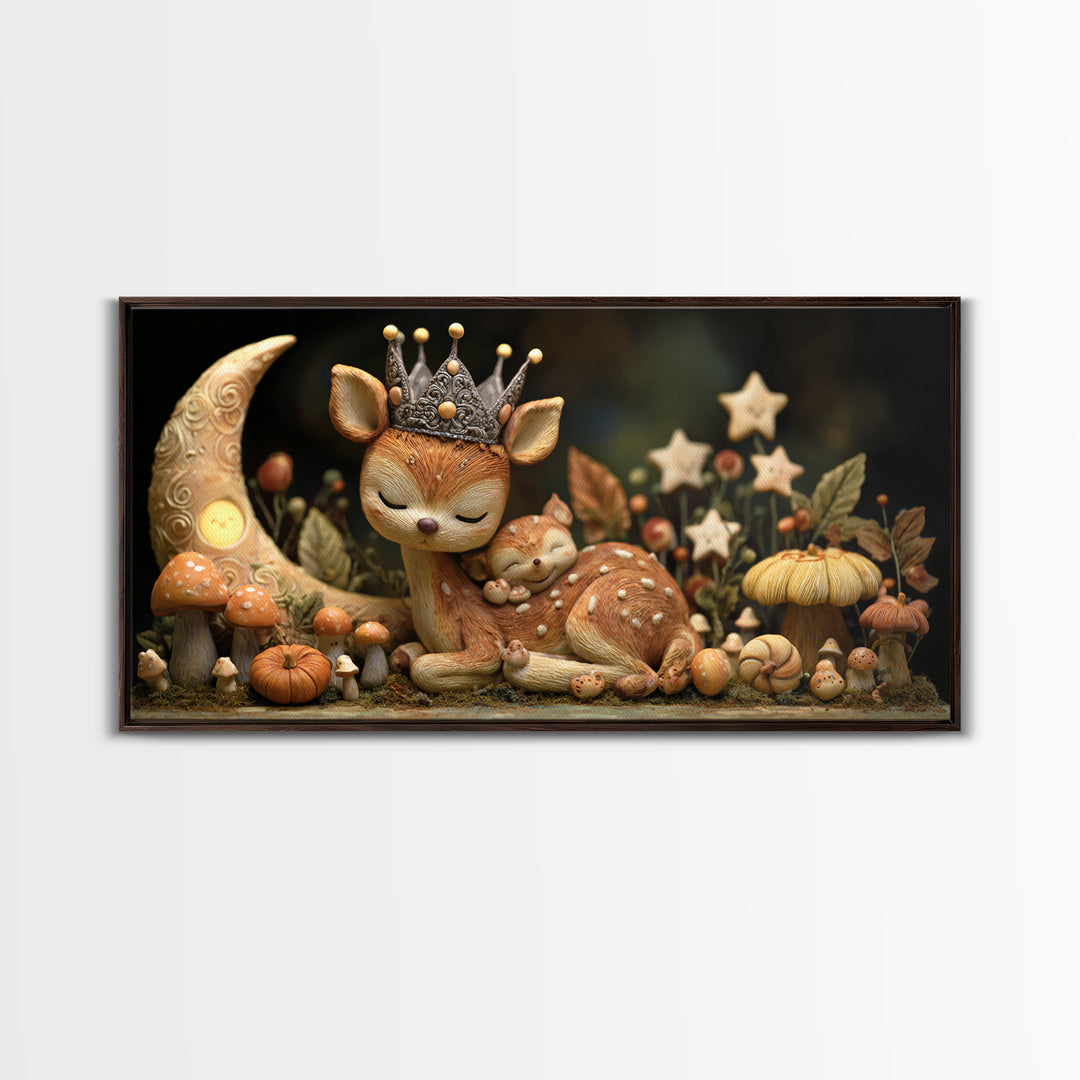 The Moon Princess Deer, Clay Halloween Art, Wide Panoramic Art, Framed Canvas Print, Cute Halloween Wall Art