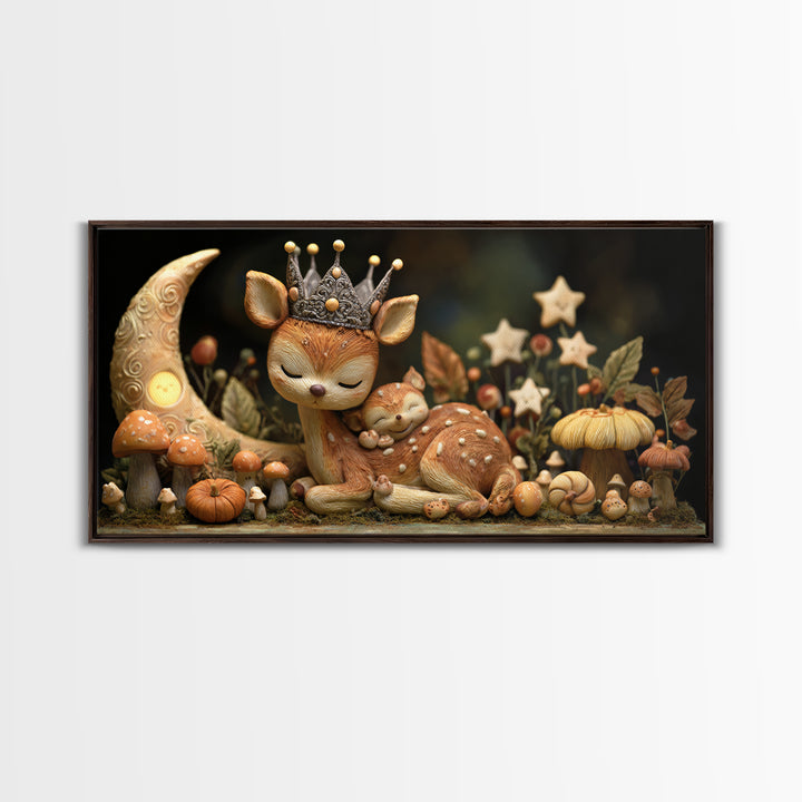 The Moon Princess Deer, Clay Halloween Art, Wide Panoramic Art, Framed Canvas Print, Cute Halloween Wall Art