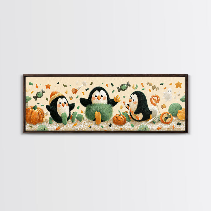 The Penguin Monster, Plush Halloween Art, Extra Wide Wall Art, Canvas Print, Cute Halloween Wall Art