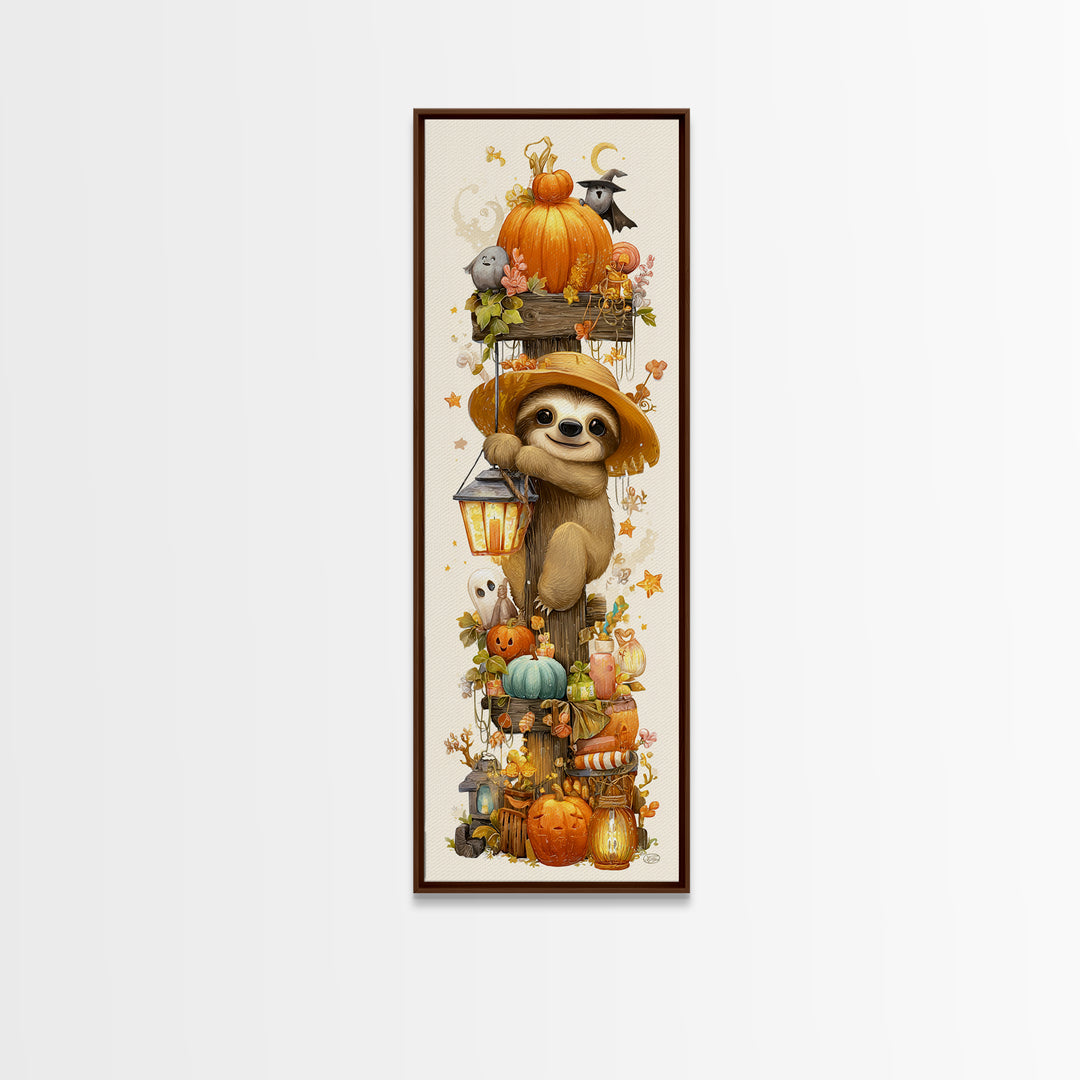 The Scarecrow Sloth, Kawaii Halloween Art, Tall Narrow Wall Art, Framed Canvas Print, Cute Halloween Wall Art