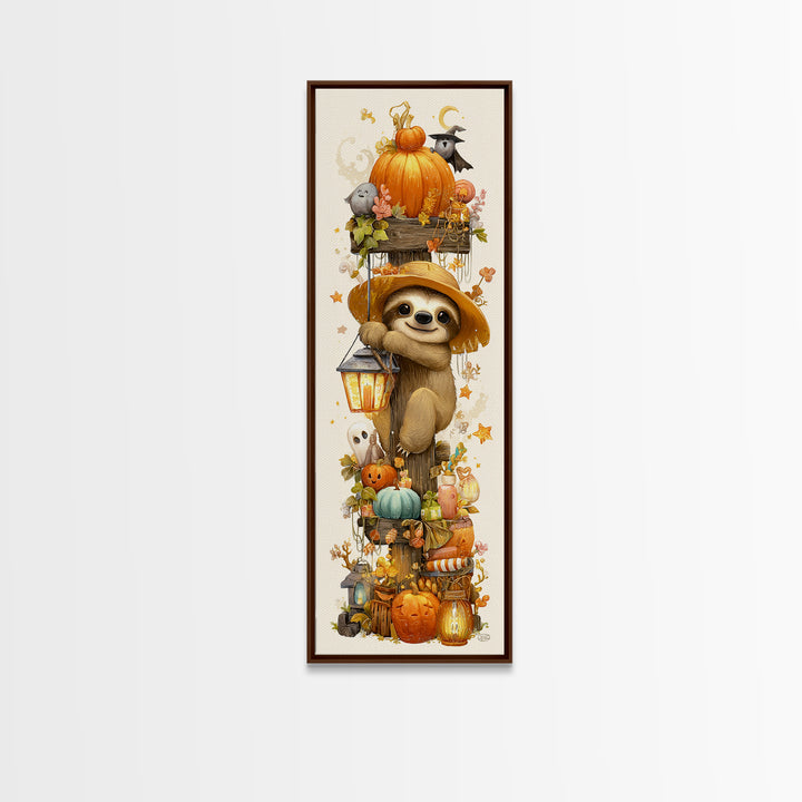 The Scarecrow Sloth, Kawaii Halloween Art, Tall Narrow Wall Art, Framed Canvas Print, Cute Halloween Wall Art