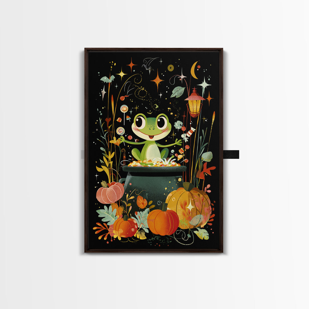 The Cauldron Frog, Retro Halloween Art, Vertical Wall Art, Canvas Print, Cute Halloween Wall Art, Whimsical Nursery Decor