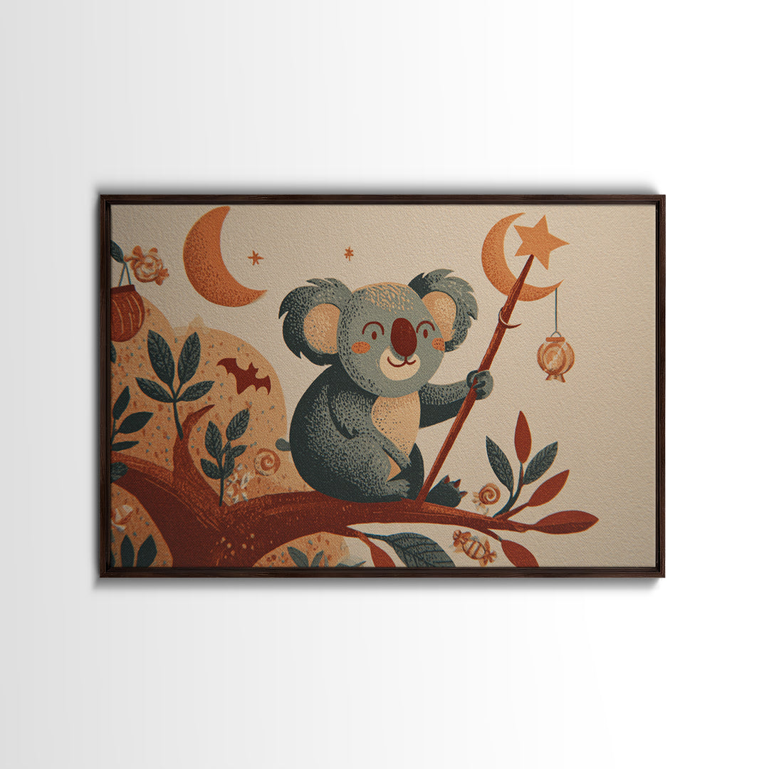 The Koala Wizard, Screenprint Halloween Art, Landscape Wall Art, Framed Canvas Print, Cute Halloween Wall Art