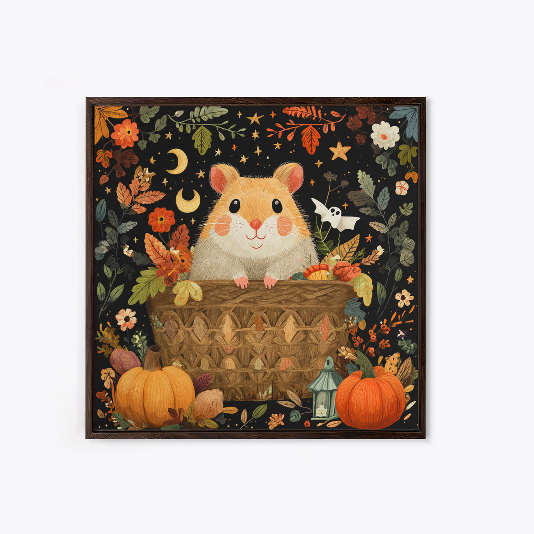 The Pumpkin Hamster, Folk Halloween Art, Square Wall Art, Canvas Print, Cute Halloween Wall Art, Halloween Kids Decor