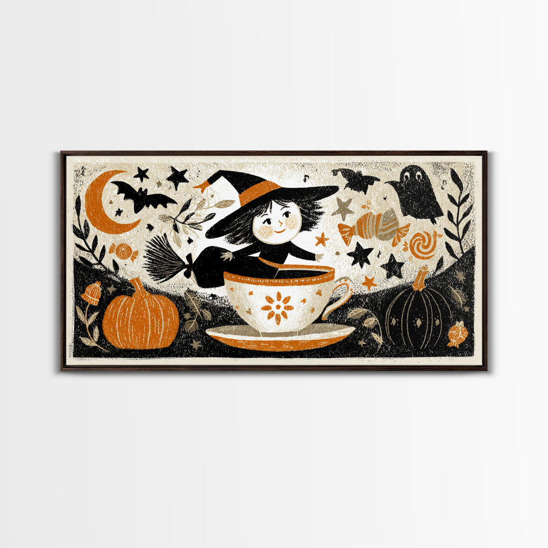 The Teacup Witch, Linocut Halloween Art, Wide Panoramic Art, Framed Canvas Print, Cute Halloween Wall Art