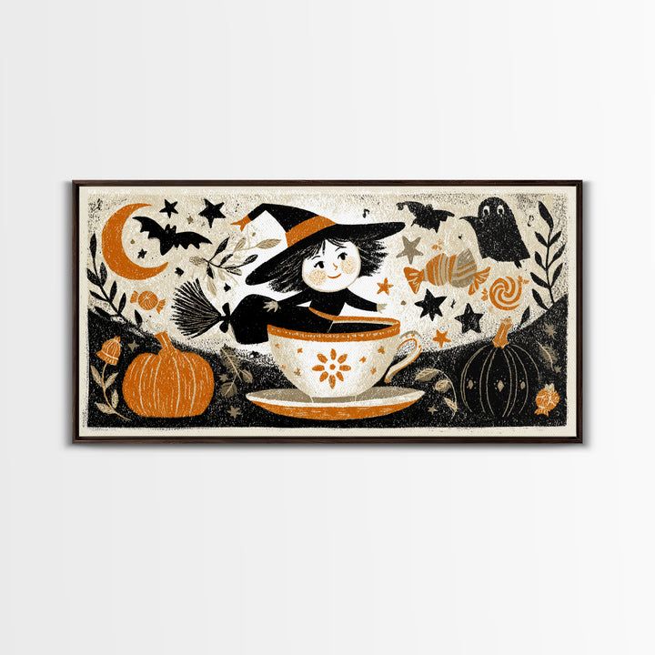 The Teacup Witch, Linocut Halloween Art, Wide Panoramic Art, Framed Canvas Print, Cute Halloween Wall Art