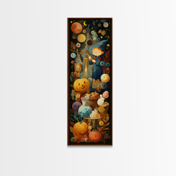 The Bubble Potion Apprentice, Quilled Halloween Art, Tall Narrow Wall Art, Framed Canvas Print, Cute Halloween Wall Art