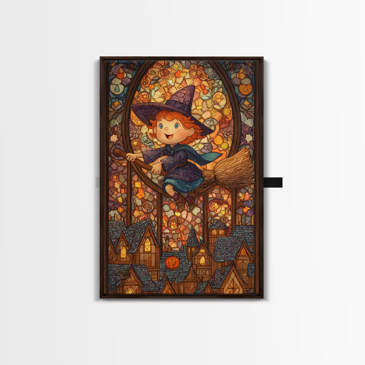 The Witch With A Balloon Broom, Stained Glass Halloween, Vertical Wall Art, Canvas Print, Cute Halloween Wall Art