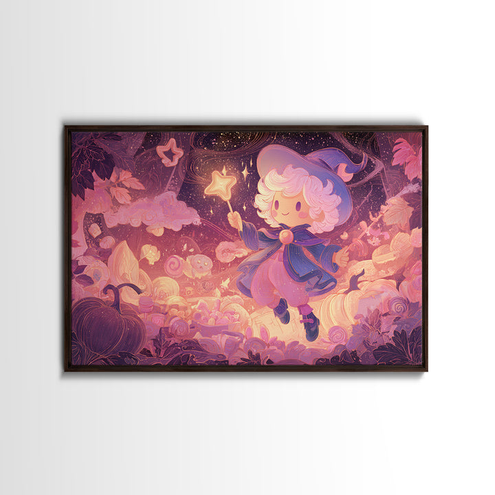 The Cookie Spellcaster, Vaporwave Halloween Art, Landscape Wall Art, Framed Canvas Print, Cute Halloween Wall Art
