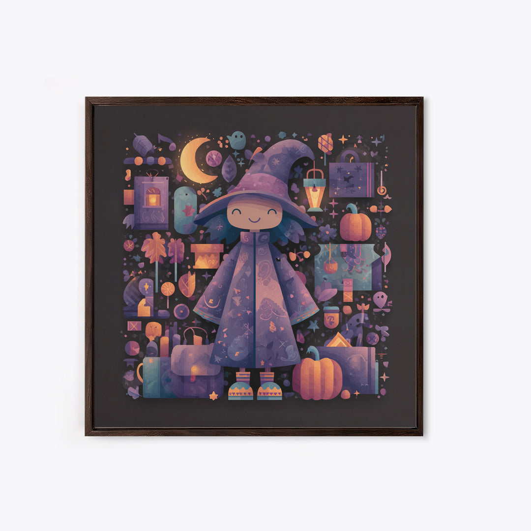 The Moonlight Pajama Witch, Pixel Halloween Art, Square Wall Art, Canvas Print, Cute Halloween Wall Art
