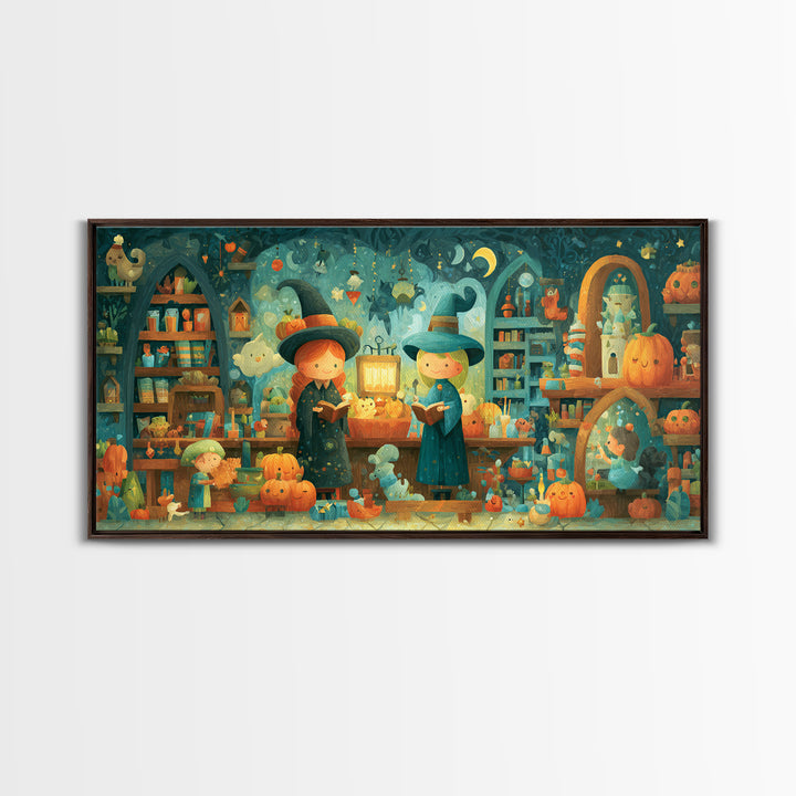 The Tiny Hat Shop Witch, Vector Halloween Art, Wide Panoramic Art, Framed Canvas Print, Cute Halloween Wall Art