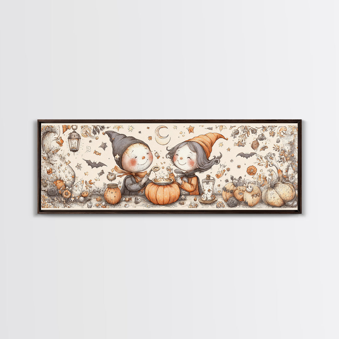 The Pumpkin Potion Twins, Hand Sketch Halloween Art, Extra Wide Wall Art, Canvas Print, Cute Halloween Wall Art
