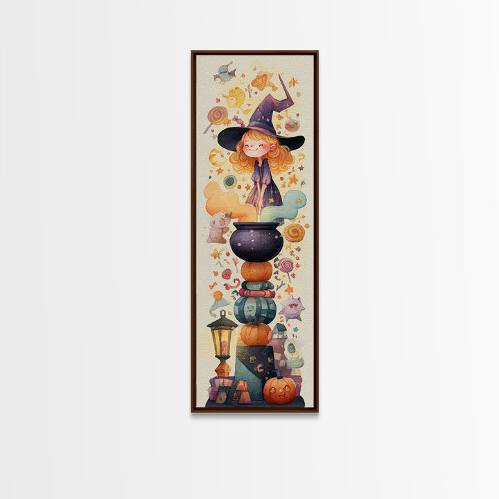 The Rainbow-Cauldron Witch, Watercolor Halloween Art, Tall Narrow Wall Art, Framed Canvas Print, Cute Halloween Wall Art
