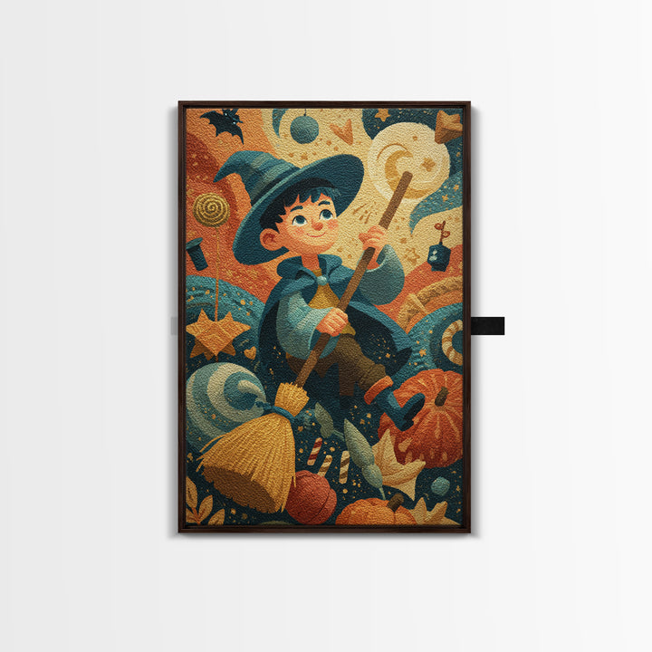 The Stardust Apprentice, Gouache Halloween Art, Vertical Wall Art, Canvas Print, Cute Halloween Wall Art