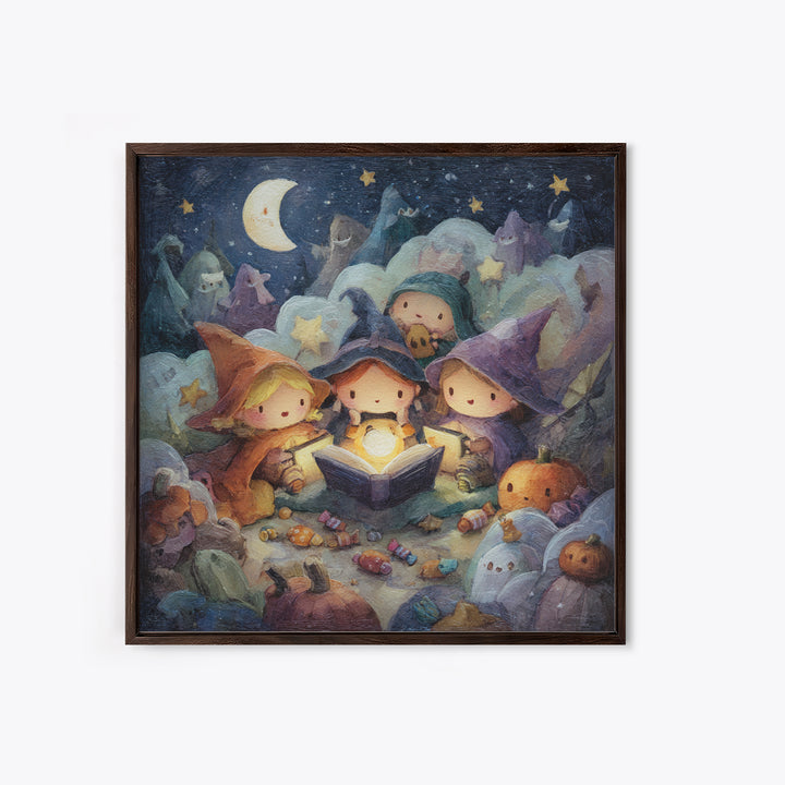 The Spellbook Sleepover, Pastel Halloween Art, Square Wall Art, Canvas Print, Cute Halloween Wall Art