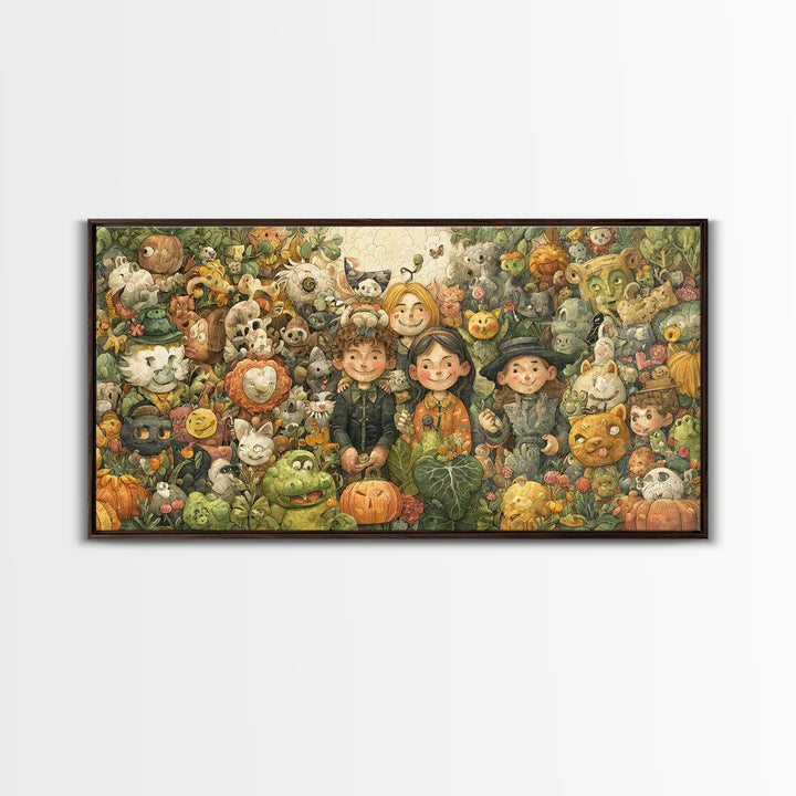 The Friendly Familiar Club, Paper Collage Halloween, Wide Panoramic Art, Framed Canvas Print, Cute Halloween Wall Art