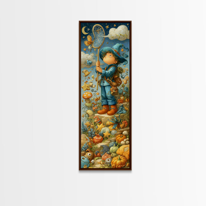 The Cloud-Catching Wizard, Clay Halloween Art, Tall Narrow Wall Art, Framed Canvas Print, Cute Halloween Wall Art
