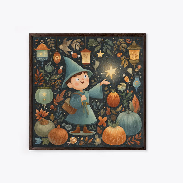 The Lantern-Light Wizard, Retro Halloween Art, Square Wall Art, Canvas Print, Cute Halloween Wall Art