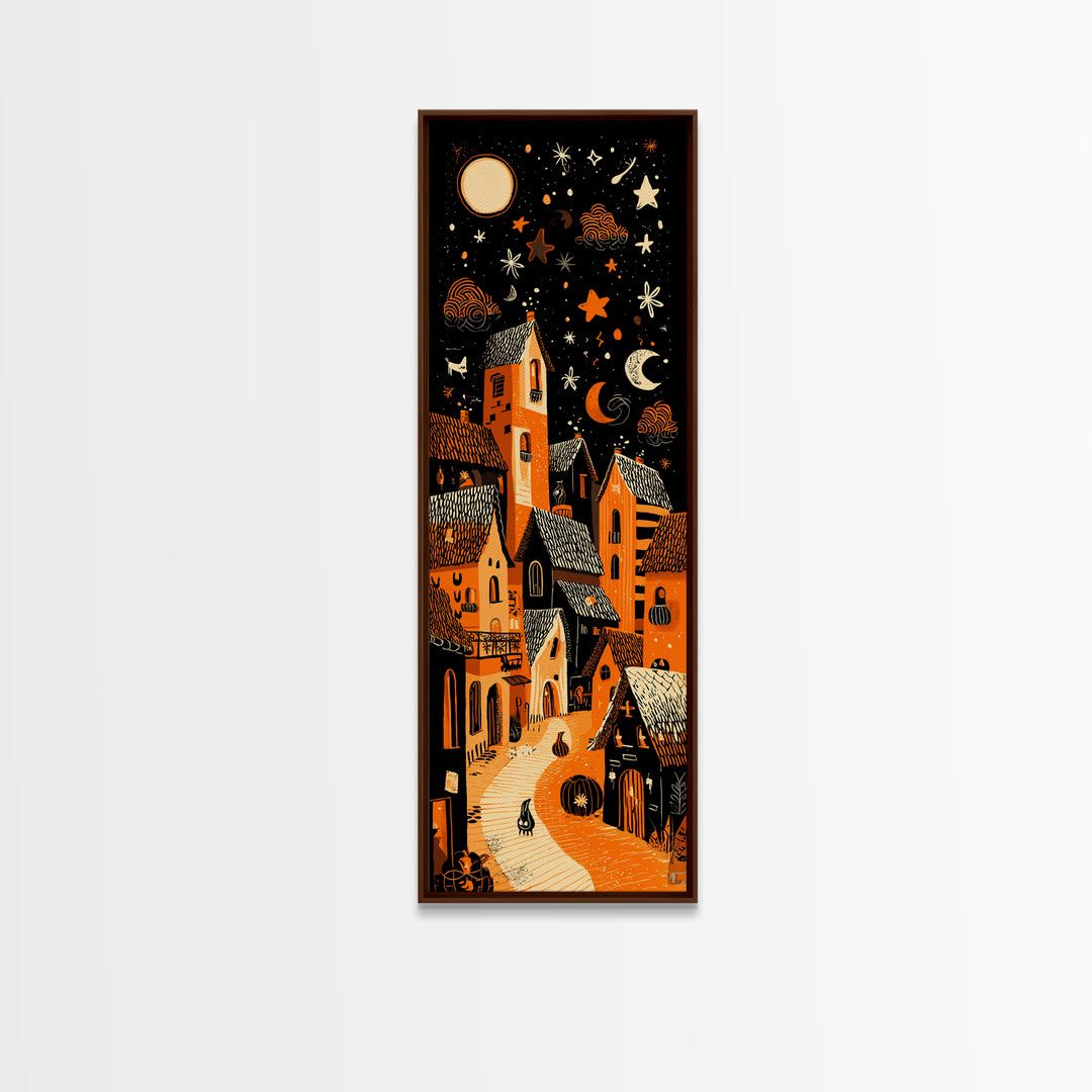 Candy Corn Village, Linocut Halloween Art, Tall Narrow Wall Art, Framed Canvas Print, Cute Halloween Wall Art