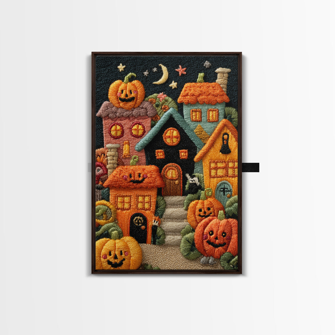 Pumpkin Cottage Lane, Embroidered Halloween Art, Vertical Wall Art, Canvas Print, Cute Halloween Wall Art