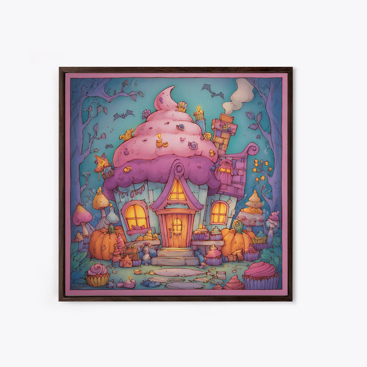 The Witch'S Cupcake Cottage, Stained Glass Halloween, Square Wall Art, Canvas Print, Cute Halloween Wall Art
