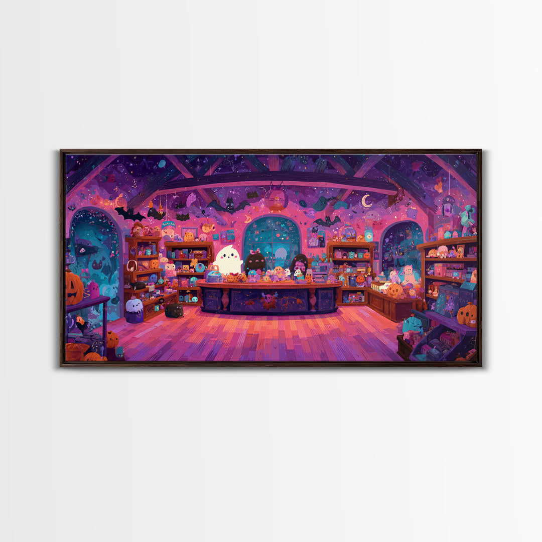 The Moonlight Toy Shop, Vaporwave Halloween Art, Wide Panoramic Art, Framed Canvas Print, Cute Halloween Wall Art