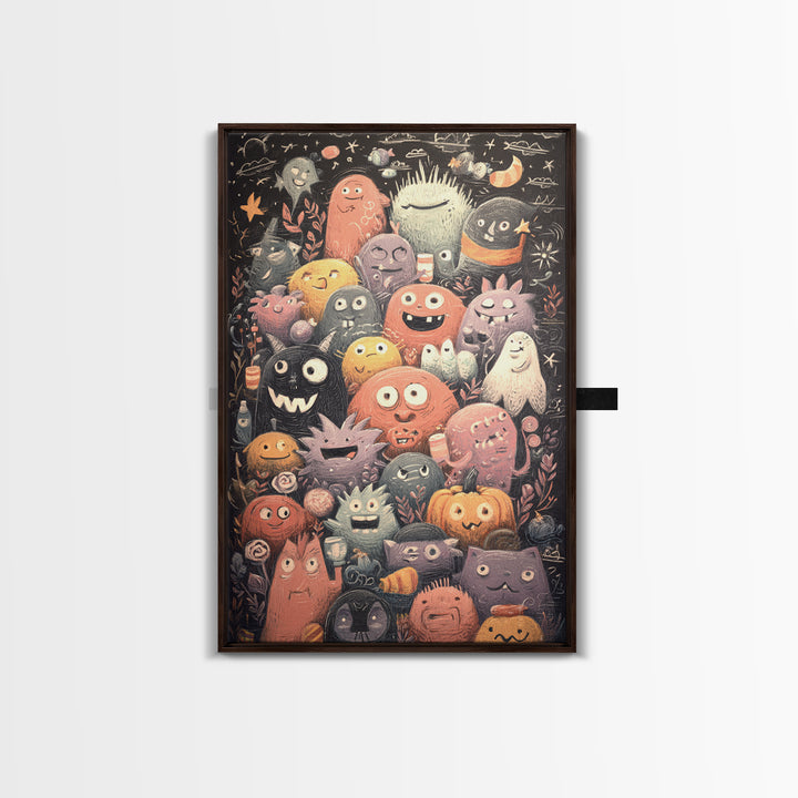 The Little Monster School, Hand Sketch Halloween Art, Vertical Wall Art, Canvas Print, Cute Halloween Wall Art