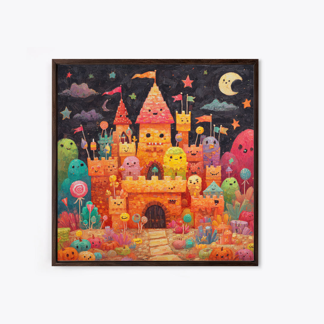 The Candy Castle, Gouache Halloween Art, Square Wall Art, Canvas Print, Cute Halloween Wall Art, Halloween Kids Decor