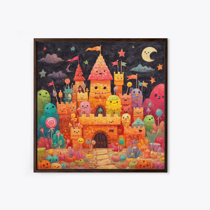 The Candy Castle, Gouache Halloween Art, Square Wall Art, Canvas Print, Cute Halloween Wall Art, Halloween Kids Decor