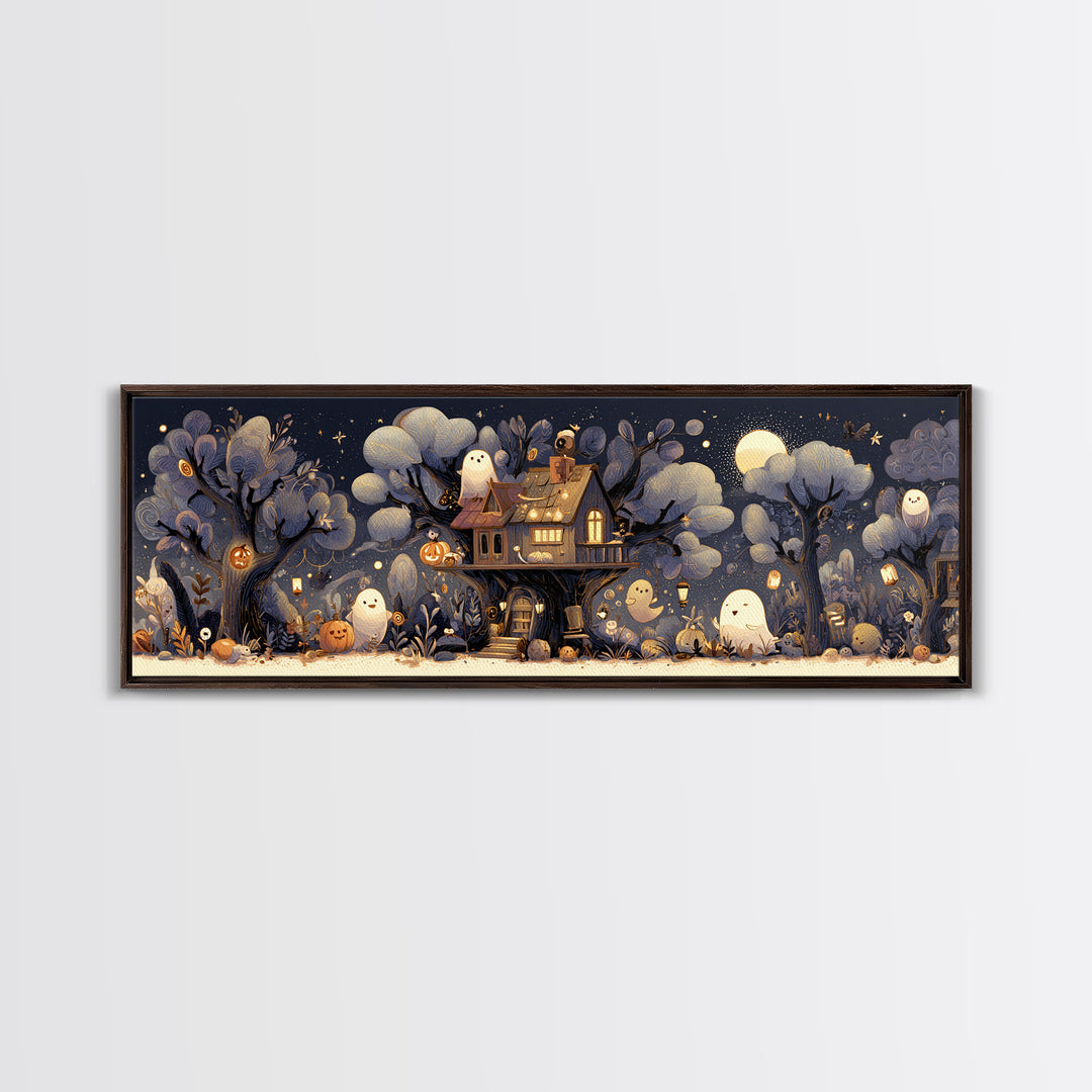 The Ghostly Treehouse, Pastel Halloween Art, Extra Wide Wall Art, Canvas Print, Cute Halloween Wall Art