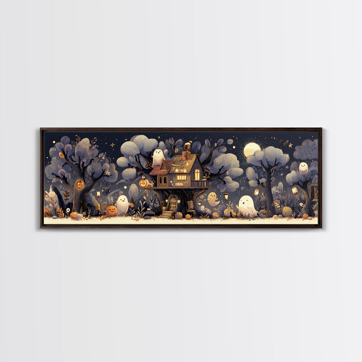 The Ghostly Treehouse, Pastel Halloween Art, Extra Wide Wall Art, Canvas Print, Cute Halloween Wall Art