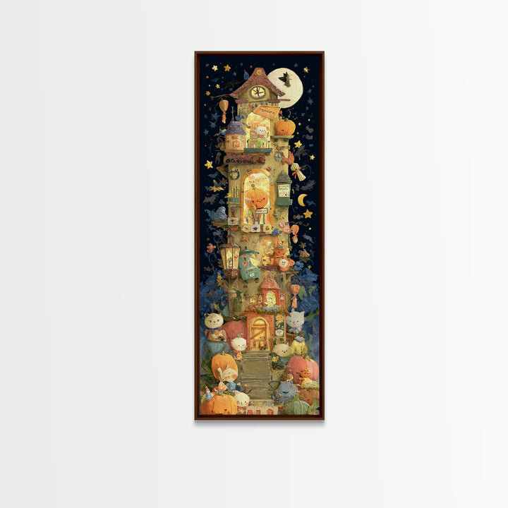 The Pumpkin Train Station, Paper Collage Halloween, Tall Narrow Wall Art, Framed Canvas Print, Cute Halloween Wall Art