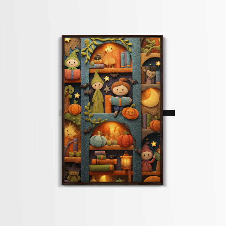 The Moonbeam Library, Felt Halloween Art, Vertical Wall Art, Canvas Print, Cute Halloween Wall Art, Whimsical Nursery Decor