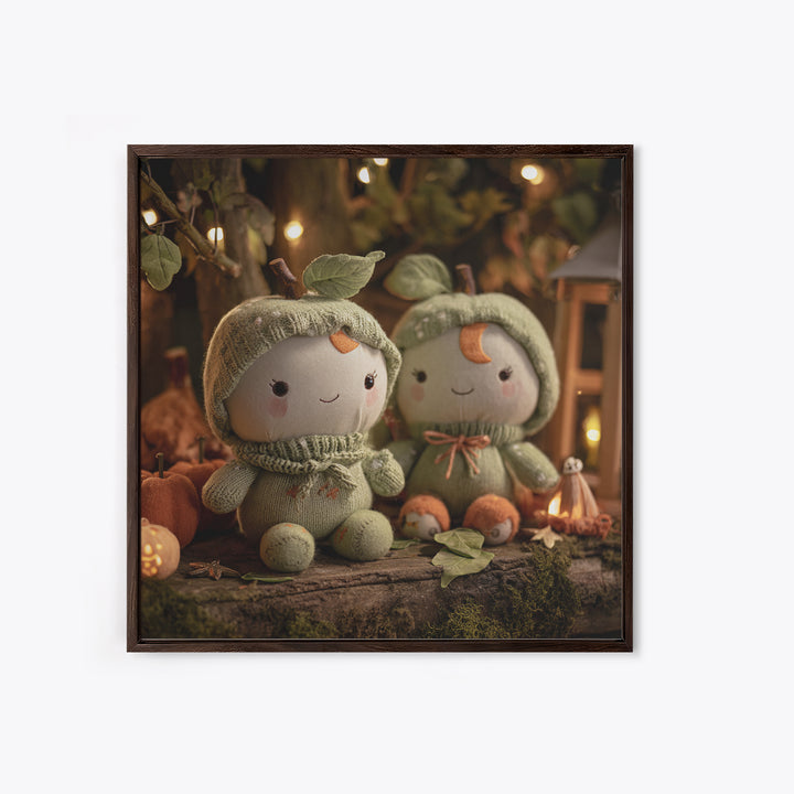 The Enchanted Apple Orchard, Plush Halloween Art, Square Wall Art, Canvas Print, Cute Halloween Wall Art