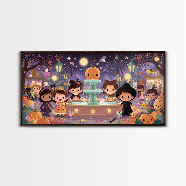 The Trick-Or-Treat Village Square, Kawaii Halloween Art, Wide Panoramic Art, Framed Canvas Print, Cute Halloween Wall Art