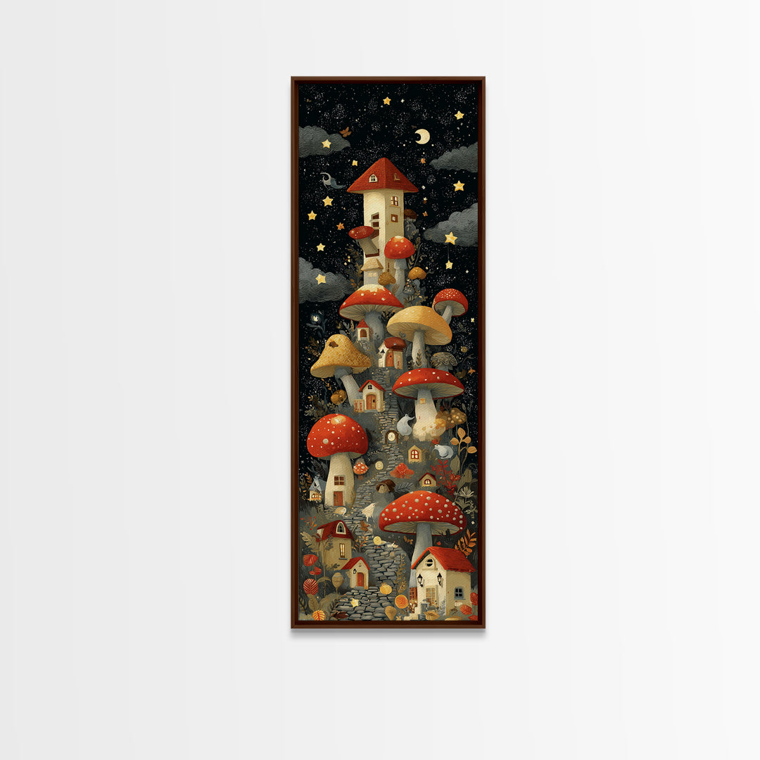 The Lantern-Lit Mushroom Village, Screenprint Halloween Art, Tall Narrow Wall Art, Framed Canvas Print, Cute Halloween Wall Art