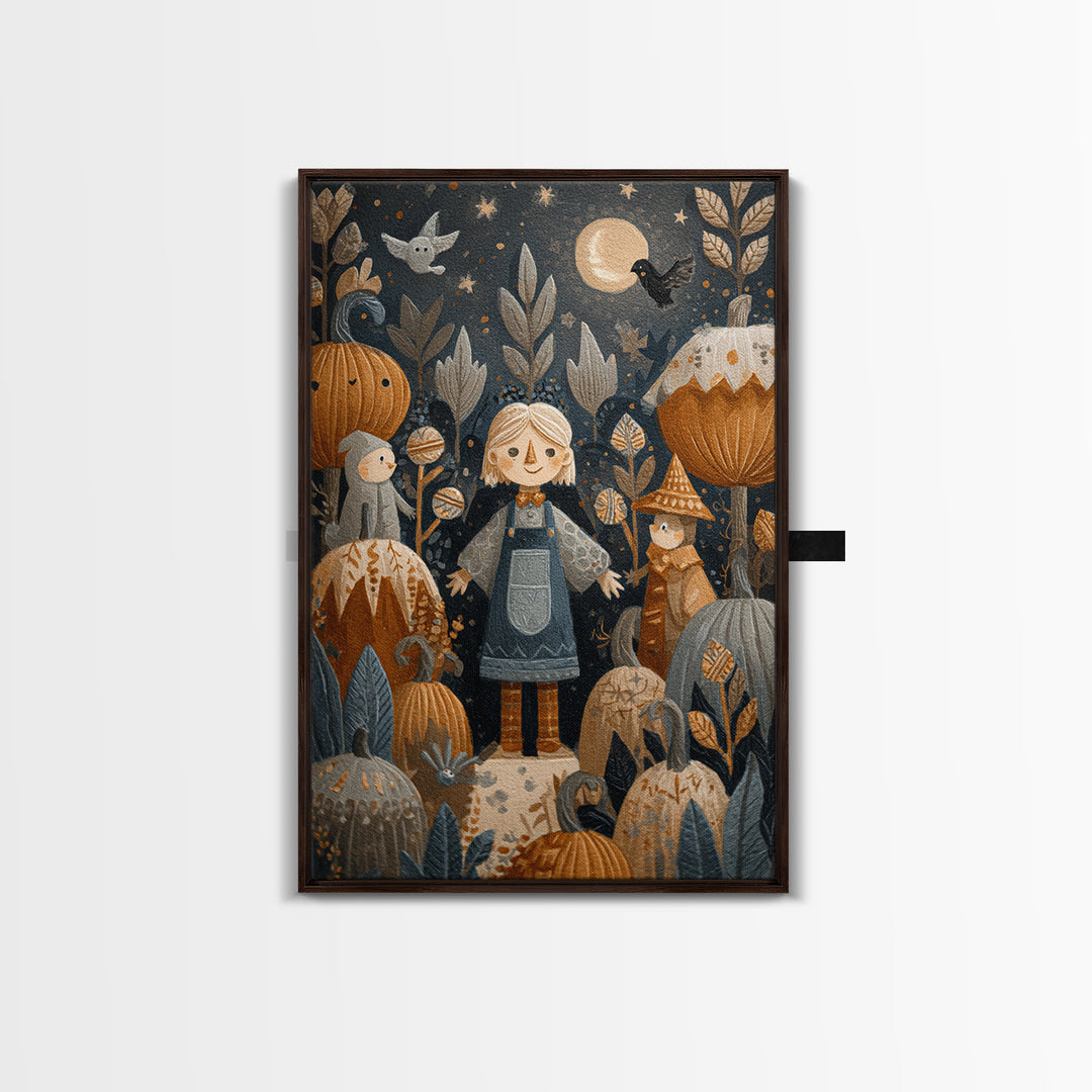 The Starry Pumpkin Farm, Folk Halloween Art, Vertical Wall Art, Canvas Print, Cute Halloween Wall Art