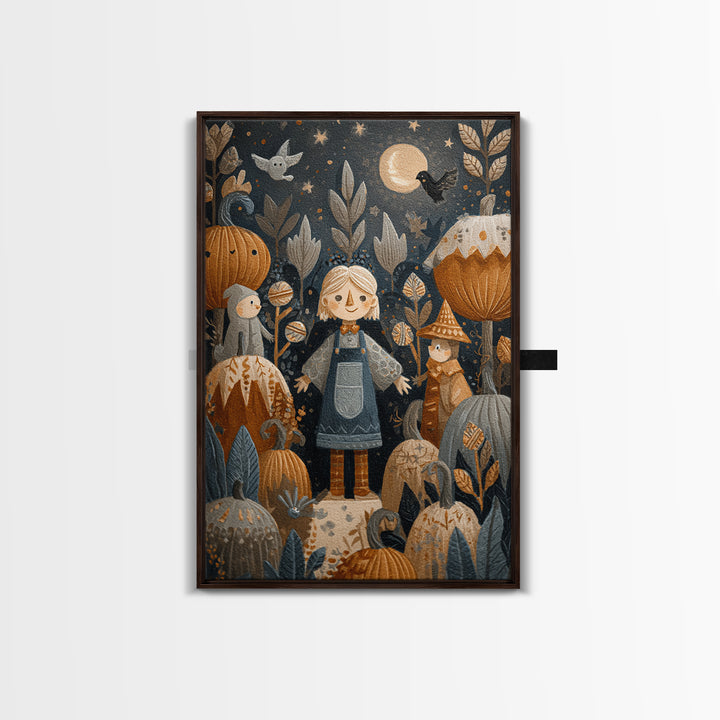 The Starry Pumpkin Farm, Folk Halloween Art, Vertical Wall Art, Canvas Print, Cute Halloween Wall Art