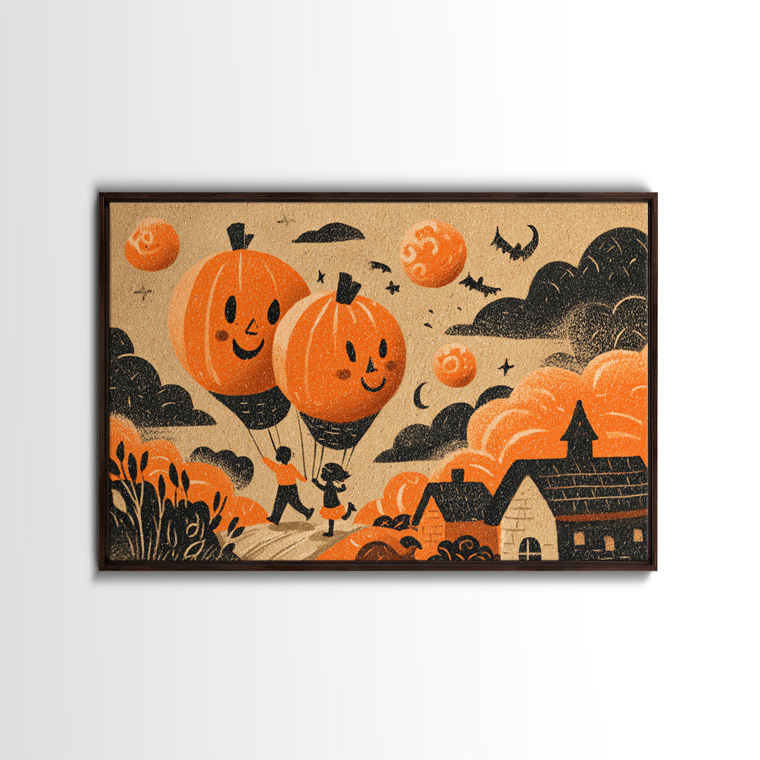 The Pumpkin Balloon Parade, Linocut Halloween Art, Landscape Wall Art, Framed Canvas Print, Cute Halloween Wall Art