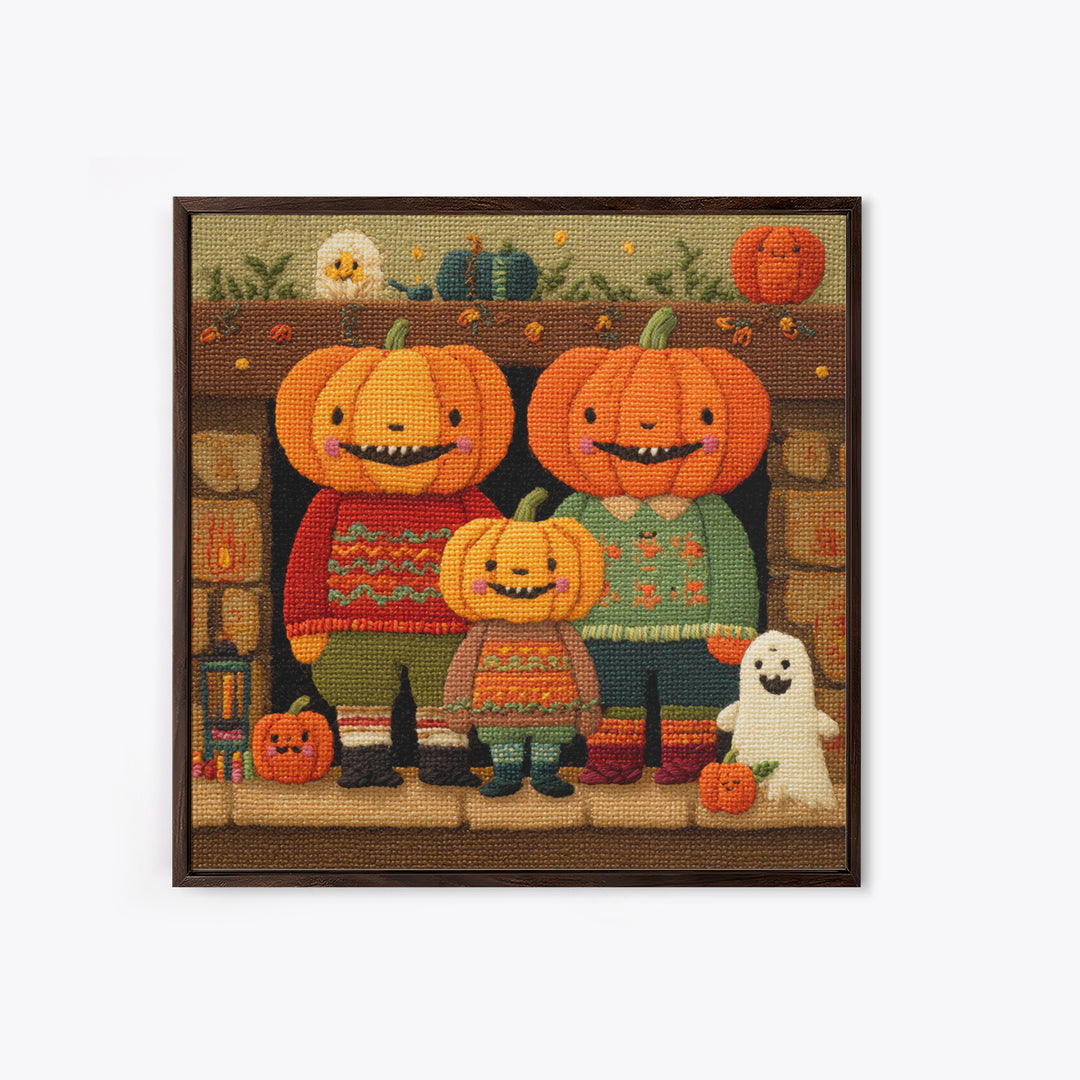 The Pumpkin Family Portrait, Embroidered Halloween Art, Square Wall Art, Canvas Print, Cute Halloween Wall Art