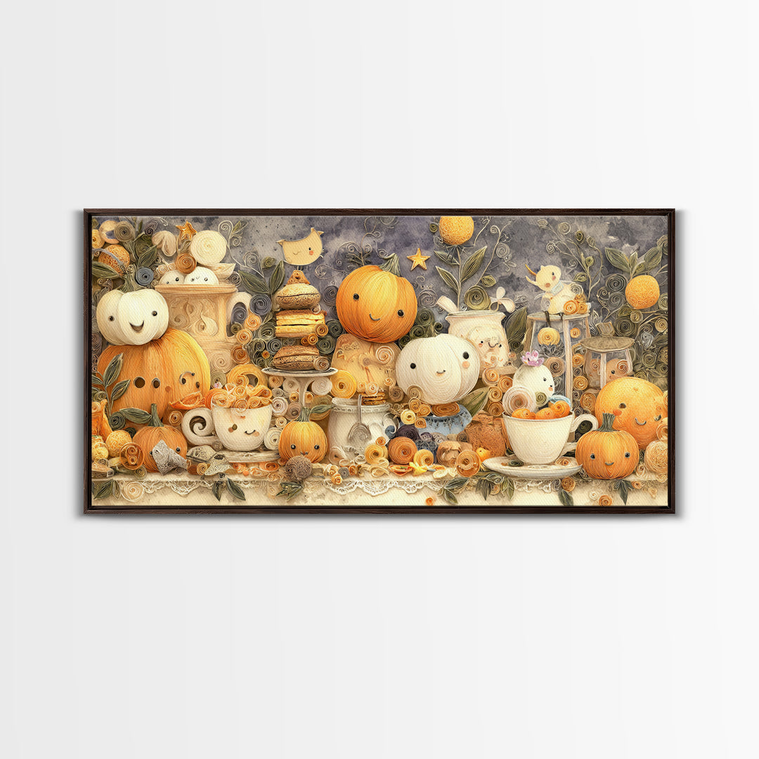 The Pumpkin Tea Party, Quilled Halloween Art, Wide Panoramic Art, Framed Canvas Print, Cute Halloween Wall Art