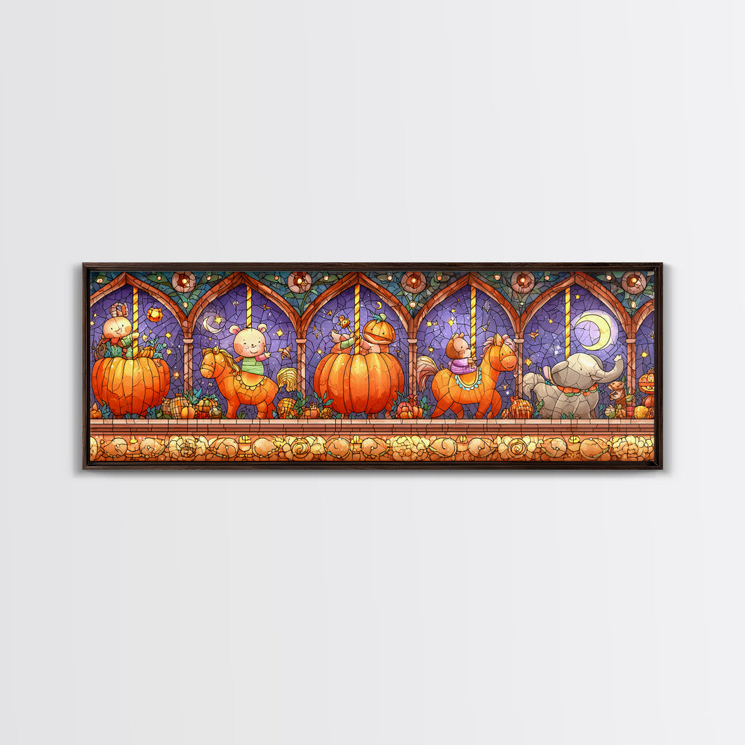 The Pumpkin Carousel, Stained Glass Halloween, Extra Wide Wall Art, Canvas Print, Cute Halloween Wall Art