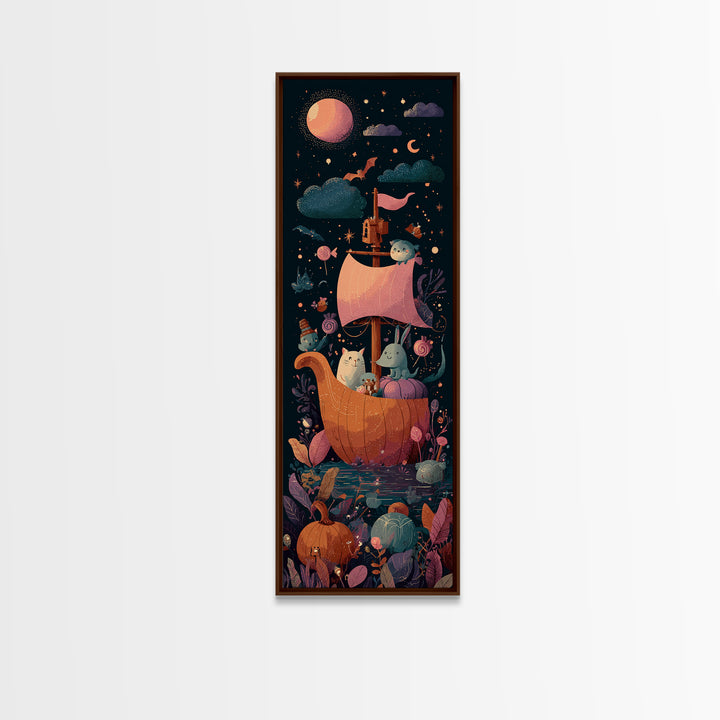 The Pumpkin Sailboat, Vaporwave Halloween Art, Tall Narrow Wall Art, Framed Canvas Print, Cute Halloween Wall Art