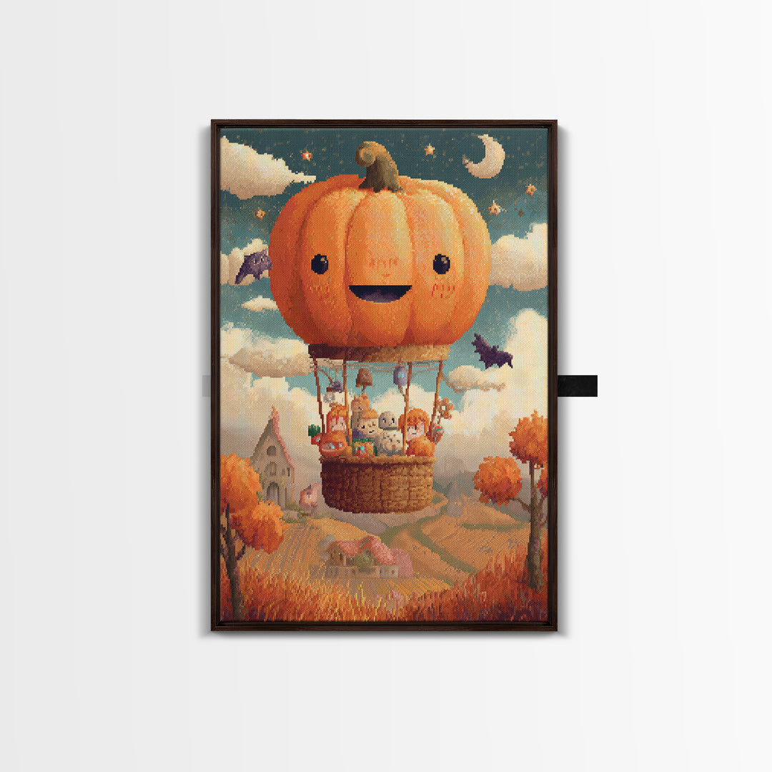 The Pumpkin Hot-Air Balloon, Pixel Halloween Art, Vertical Wall Art, Canvas Print, Cute Halloween Wall Art
