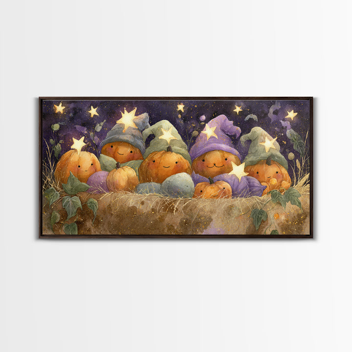 The Pumpkin Pajama Party, Watercolor Halloween Art, Wide Panoramic Art, Framed Canvas Print, Cute Halloween Wall Art