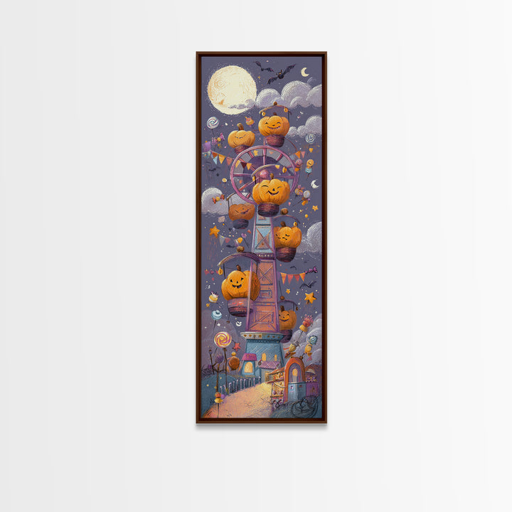 The Pumpkin Ferris Wheel, Crayon Halloween Art, Tall Narrow Wall Art, Framed Canvas Print, Cute Halloween Wall Art