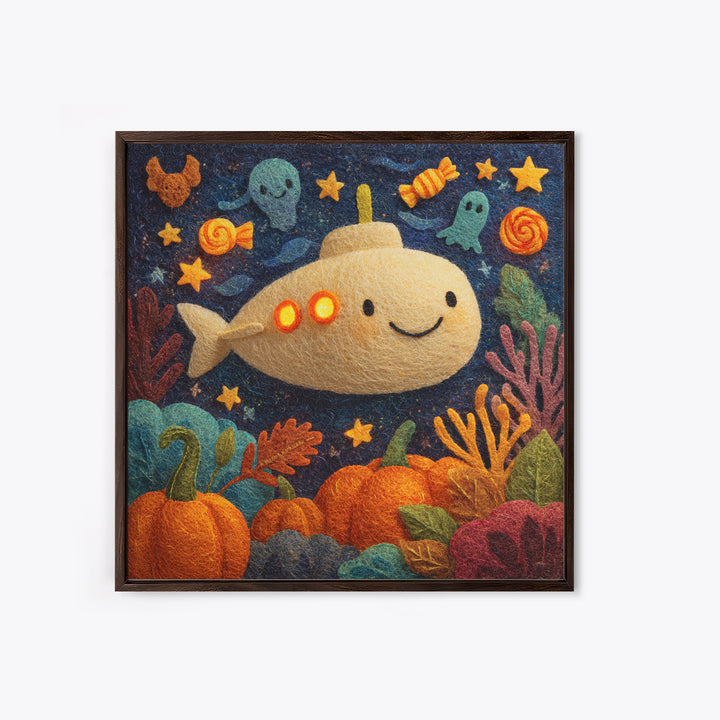 The Pumpkin Submarine, Felt Halloween Art, Square Wall Art, Canvas Print, Cute Halloween Wall Art, Halloween Kids Decor